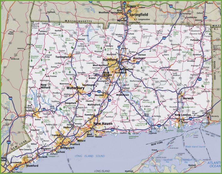 This map shows cities, towns, interstate highways, U.S. highways, state highways, rivers and state parks in Connecticut.